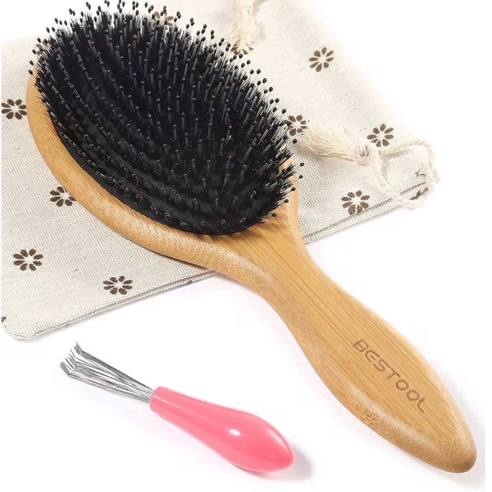 Bamboo Paddle Hair Brush with Black Bristles - Pink Cleaner